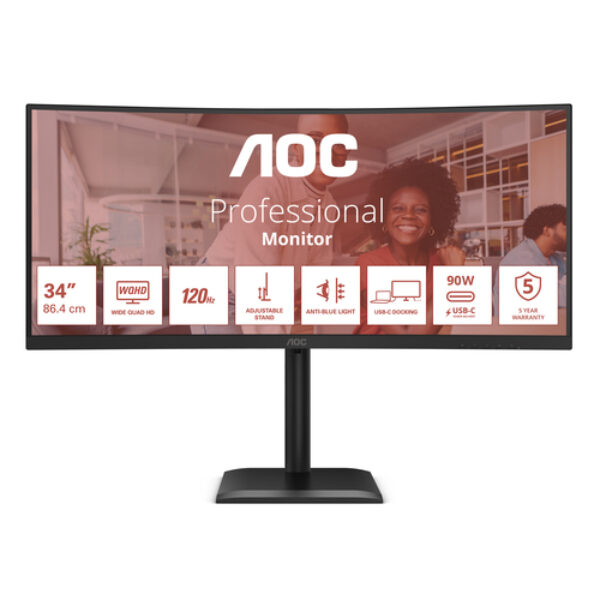 AOC E4 CU34E4CV monitor komputerowy 86,4 cm (34") 3440 x 1440 px UltraWide Quad HD LCD Czarny