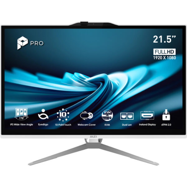 MSI Pro AP222T 14M-623EU Intel® Pentium® Gold G7400 54,6 cm (21.5") 1920 x 1080 px Ekran dotykowy All-in-One PC 8 GB DDR4-SDRAM 128 GB SSD Windows 11 Pro Wi-Fi 5 (802.11ac) Biały