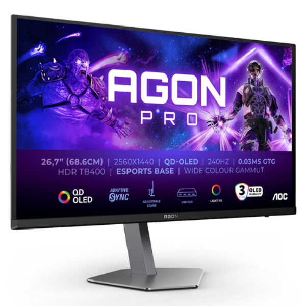 AOC AGON PRO AG276QZD2 monitor komputerowy 67,3 cm (26.5") 2560 x 1440 px Quad HD QD-OLED Czarny, Szary